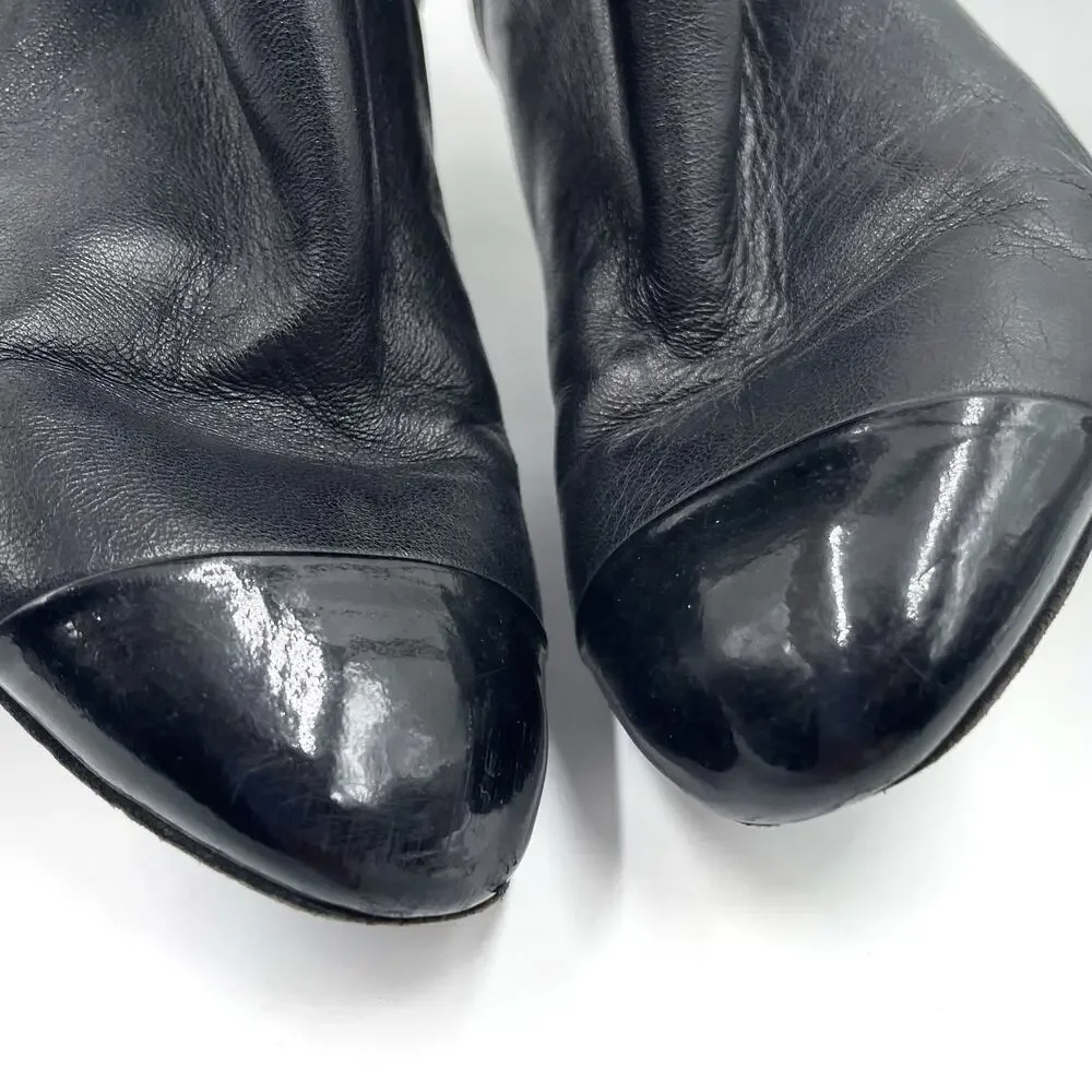 Chanel CC Logo Boots Black Patent Leather Cap Toe Heeled Ankle Sz 37 / 7‎